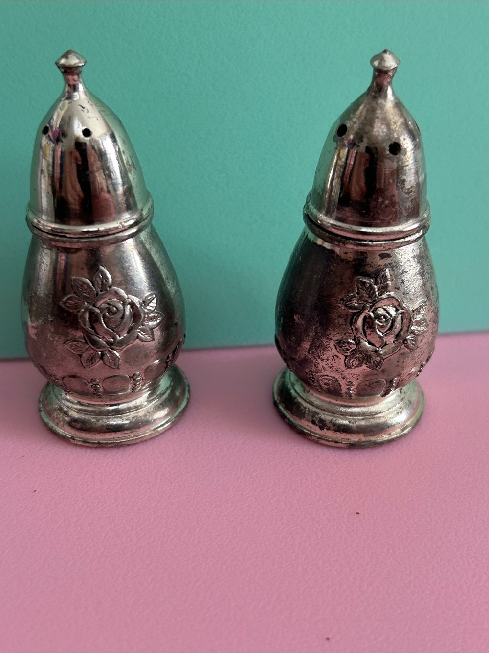 Vintage-Style Silver Rose Salt and Pepper Shakers